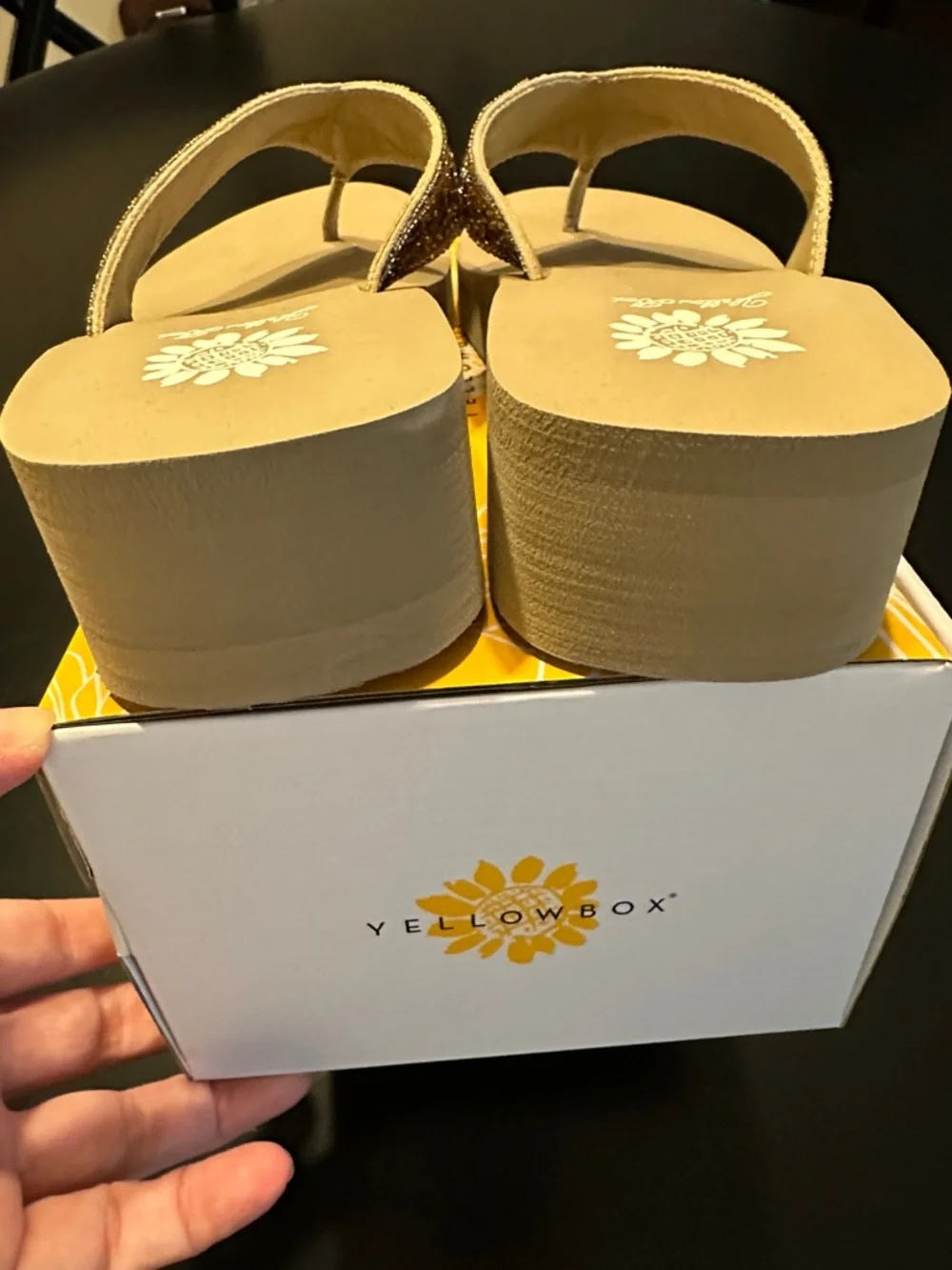 Yellow Box Tan Beaded Wedge Flip-Flops with Gold Accents - Picture 3 of 4